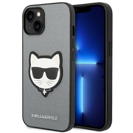 Etui Karl Lagerfeld do iPhone 14, Saffiano Choupette Head Patch, srebrne