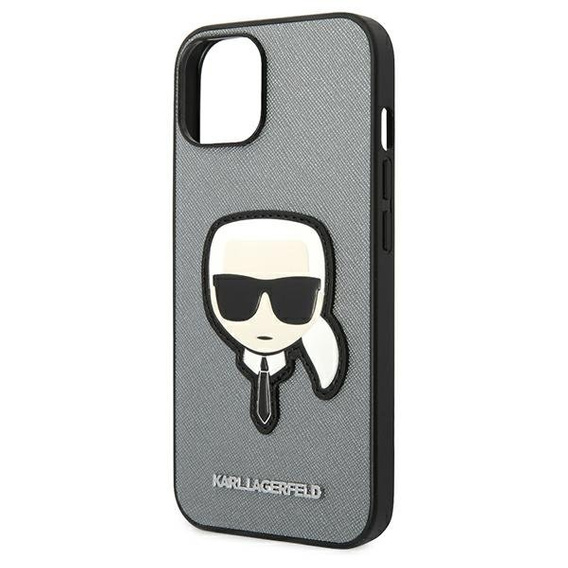 Etui Karl Lagerfeld do iPhone 14, Saffiano Karl's Head Patch, srebrne