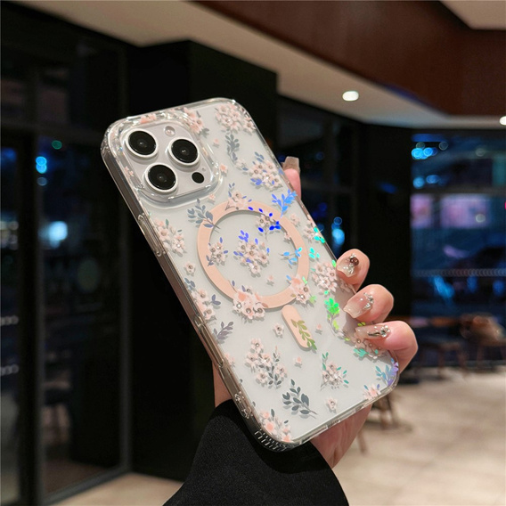 Etui magnetyczne z kwiatowym, laserowym wzorem do iPhone 16 Pro