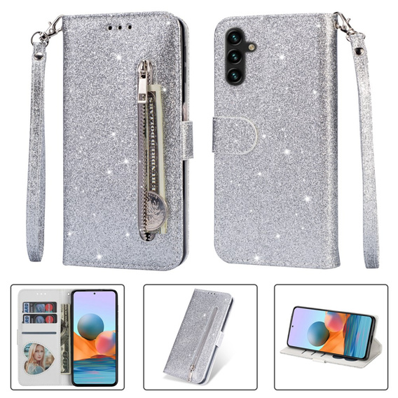 Etui z klapką do Samsung Galaxy A35 5G, Wallet Zipper Pocket Glittery, srebrne
