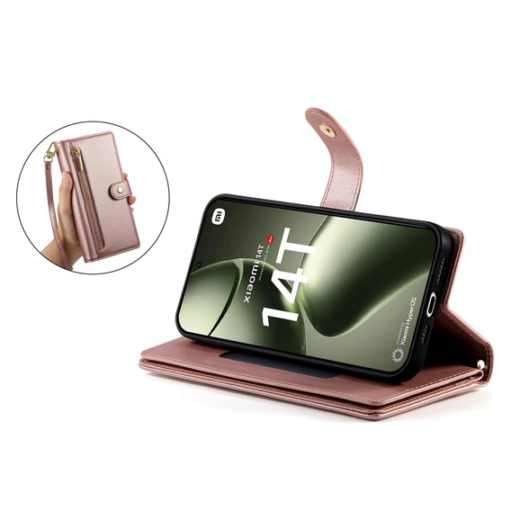 Etui z klapką do Xiaomi 14T, Wallet Zipper Pocket, różowe
