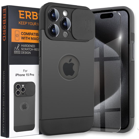 Etui do iPhone 15 Pro Max, ERBORD MagProtect Cam Slider do MagSafe, czarne + Szkło hartowane