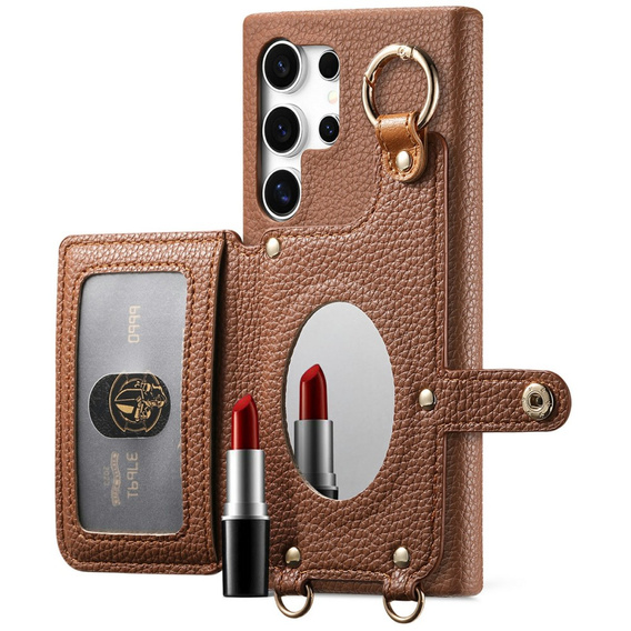 Etui do Samsung Galaxy S25 Ultra – z klapką, kieszeniami i paskiem, brązowe