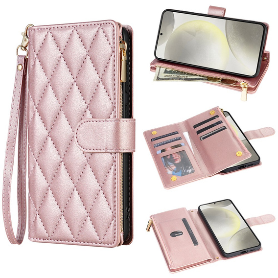Etui z klapką do Samsung Galaxy A56 5G, Rhombus Crossbody Leather, różowe rose gold
