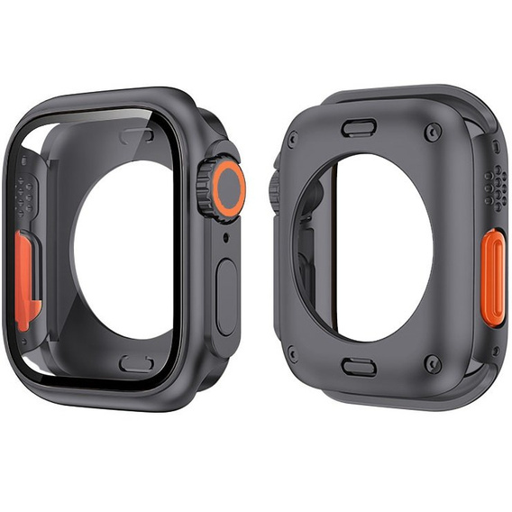 2w1 Pełne Etui + Szkło Hartowane do Apple Watch 7/8/9 45MM, Czarne/Pomarańczowe