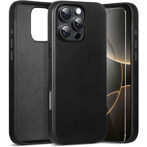 Etui skórzane do iPhone 16 Pro Max, ERBORD Leather MagSafe, czarne + Szkło na ekran