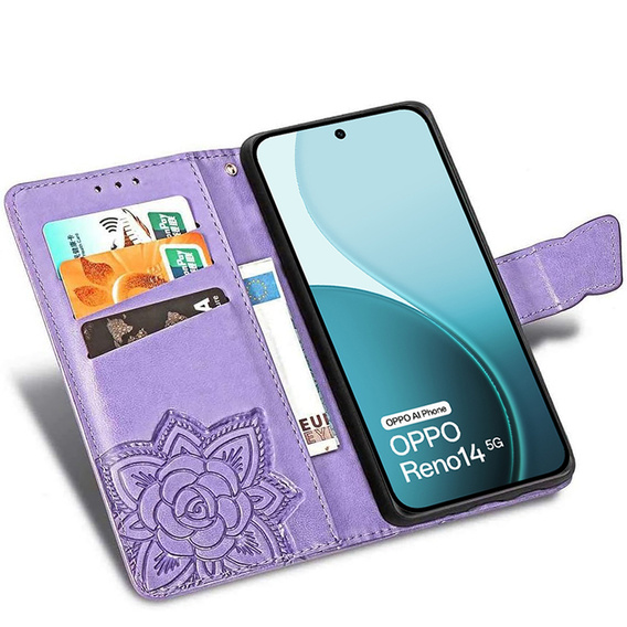 Etui z klapką do Oppo Reno 14, Motyl, portfelowe, fioletowe
