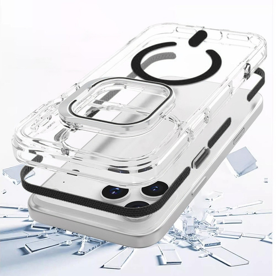 Etui do iPhone 17 Pro Max, do MagSafe, z podstawką, transparentne z czarnymi wstawkami