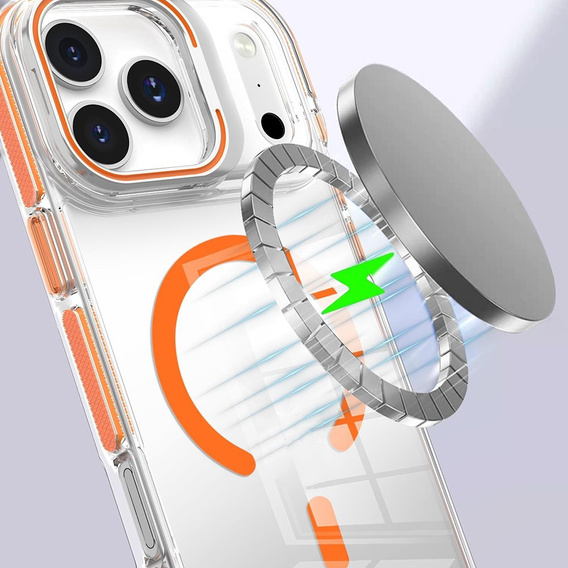 Etui do iPhone 17 Pro, do MagSafe, z podstawką, transparentne z pomarańczowymi wstawkami