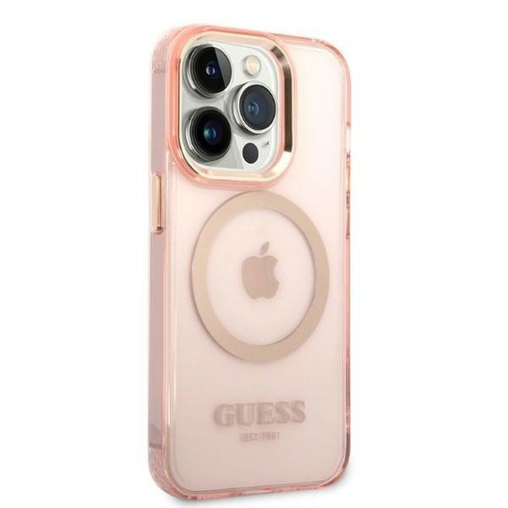 Etui GUESS do iPhone 14 Pro, Gold Outline Translucent MagSafe, różowe