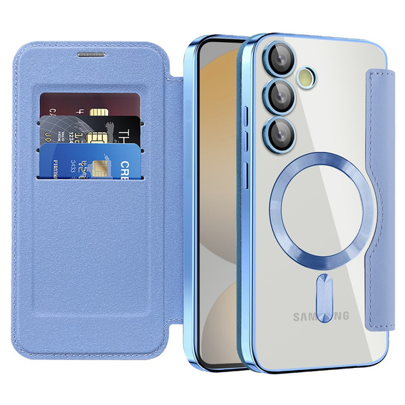 Etui z klapką do Samsung Galaxy S24 FE, RFID Wallet MagSafe z ochroną aparatu, niebieskie