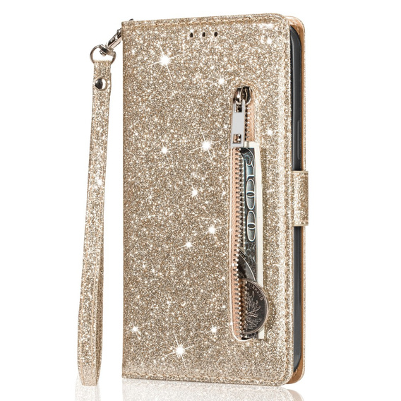 Etui z klapką do Samsung Galaxy A36 5G, Wallet Zipper Pocket Glittery, złote