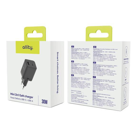 Allity ATC-01 – Ładowarka Sieciowa GaN 30W USB-C + USB-A - czarna
