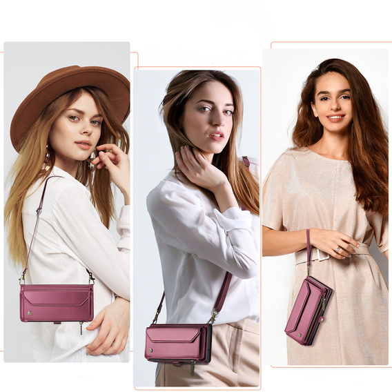 Etui CASEME do Samsung Galaxy S25 FE, RFID Leather Wallet, z paskiem na ramię, czerwone