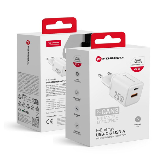 Forcell Mini Ładowarka GaN 25W USB-C + USB-A, kompaktowy adapter do szybkiego ładowania - biały