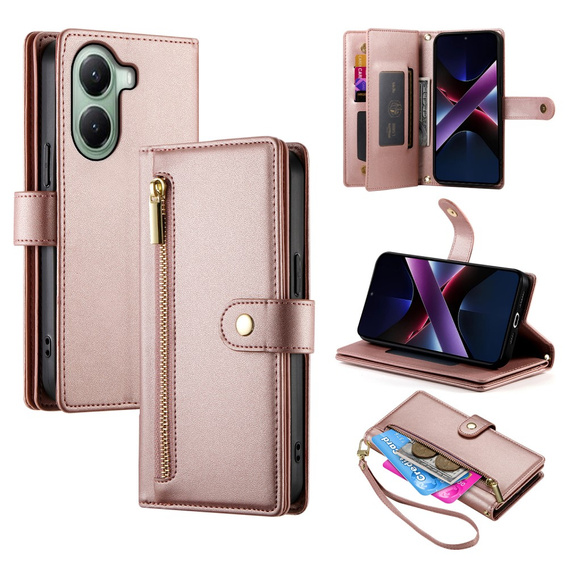 Etui z klapką do Xiaomi Poco X7 Pro 5G, Wallet Zipper Pocket, różowe