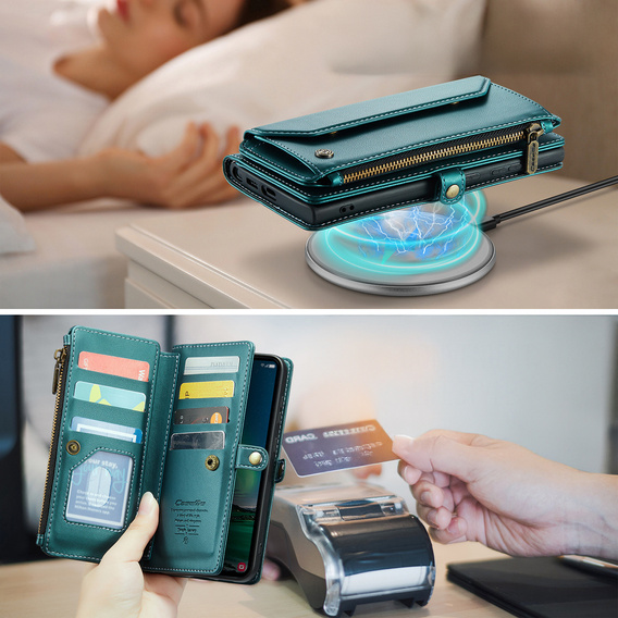 Etui CASEME do Samsung Galaxy S25 FE, RFID Leather Wallet, z paskiem na ramię, zielone