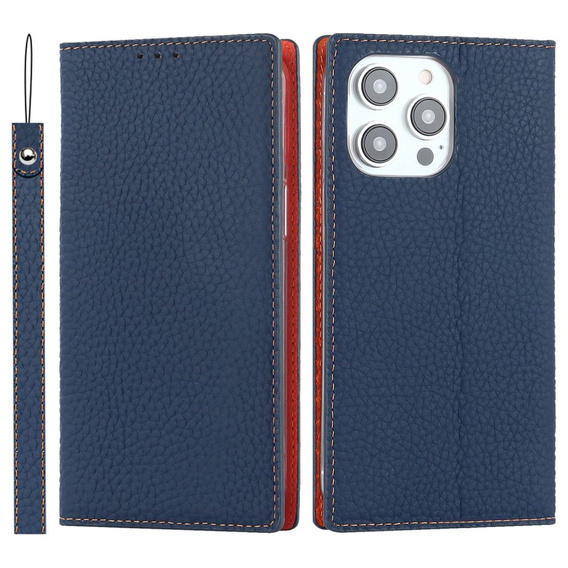 Etui z klapką do iPhone 14 Pro, Litchi Skin Grain, granatowe