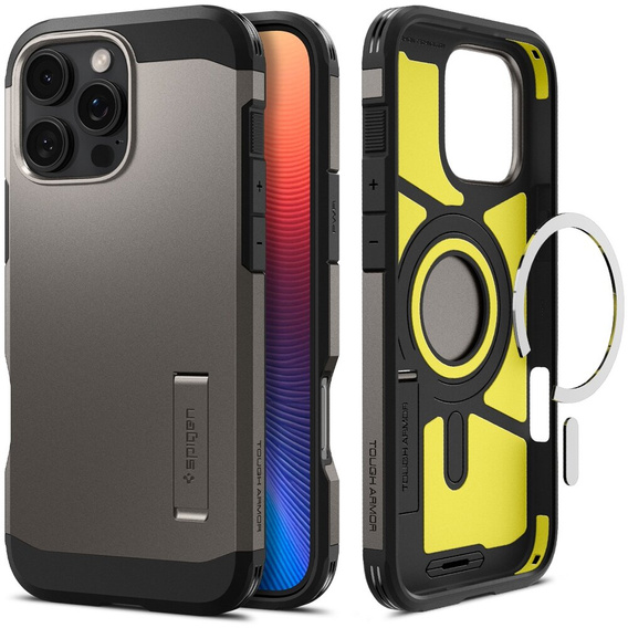 Etui Spigen do iPhone 16 Pro Max, Tough Armor Mag MagSafe, szare + Szkło Hartowane 9H