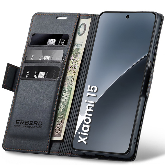Etui do Xiaomi 15, ERBORD Glossy Litchi, portfel z klapką, czarne