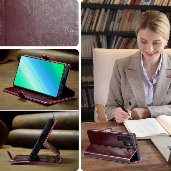 Etui z klapką do Samsung Galaxy S23 Ultra, ERBORD Waxy Wallet, czerwone