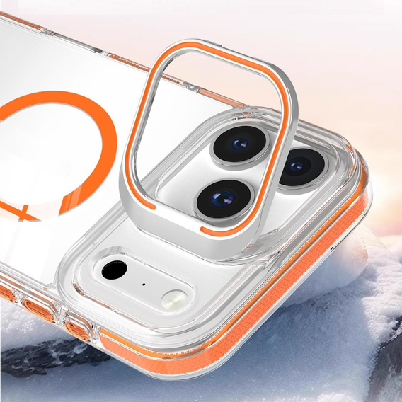 Etui do iPhone 17 Pro, do MagSafe, z podstawką, transparentne z pomarańczowymi wstawkami