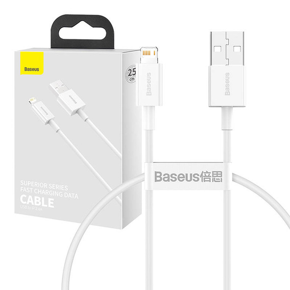Kabel USB do Lightning Baseus Superior Series, 2.4A, 0.25m - biały