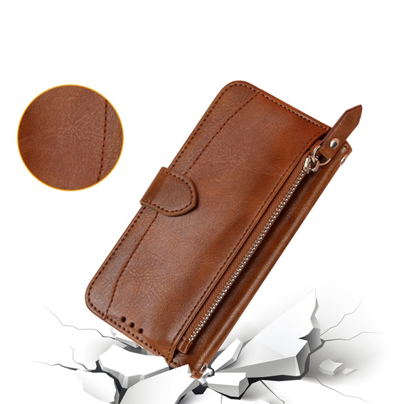 Etui z klapką do Samsung Galaxy A25 5G, Wallet Zipper Pocket, z paskiem na ramię, brązowe