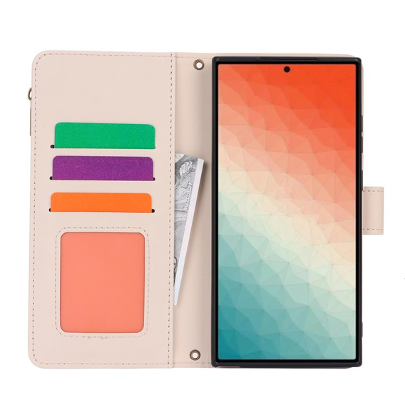 Etui z klapką do Samsung Galaxy S24 Ultra, Wallet Zipper Pocket RFID, z paskiem na ramię, białe