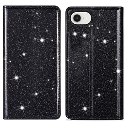 Etui z klapką do iPhone 16E, Card Slot Glittery, czarne