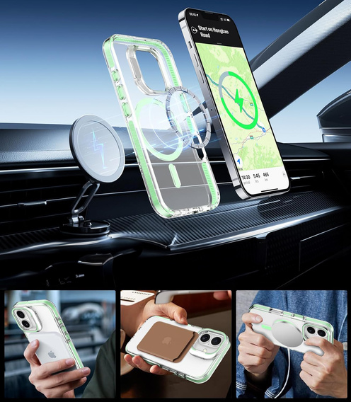 Etui do iPhone 17, do MagSafe, z podstawką, transparentne z zielonymi wstawkami