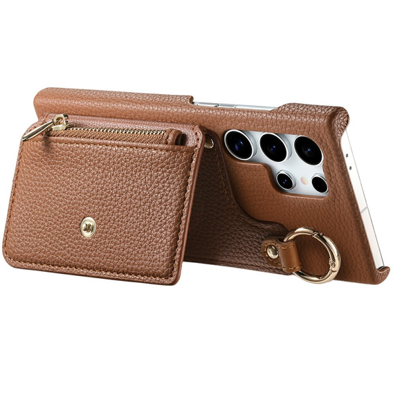 Etui do Samsung Galaxy S25 Ultra – z klapką, kieszeniami i paskiem, brązowe