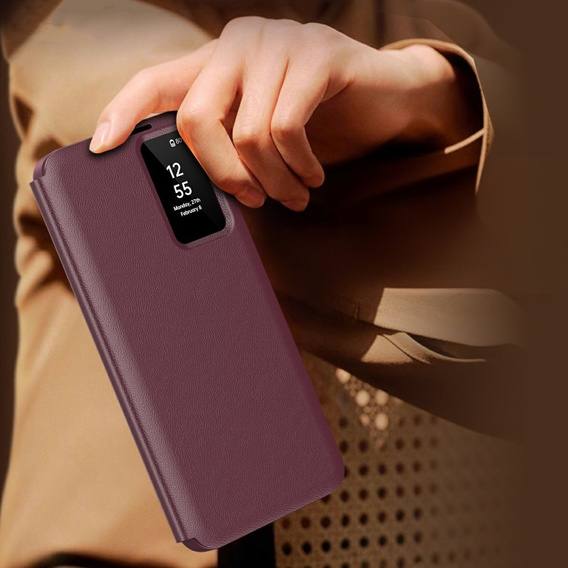 Etui do Samsung Galaxy A56 5G – skórzane z okienkiem Smart View i kieszenią na kartę, bordowe