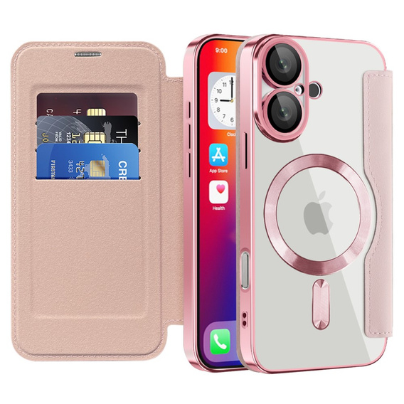 Etui z klapką do iPhone 16, RFID Wallet MagSafe z ochroną aparatu, różowe