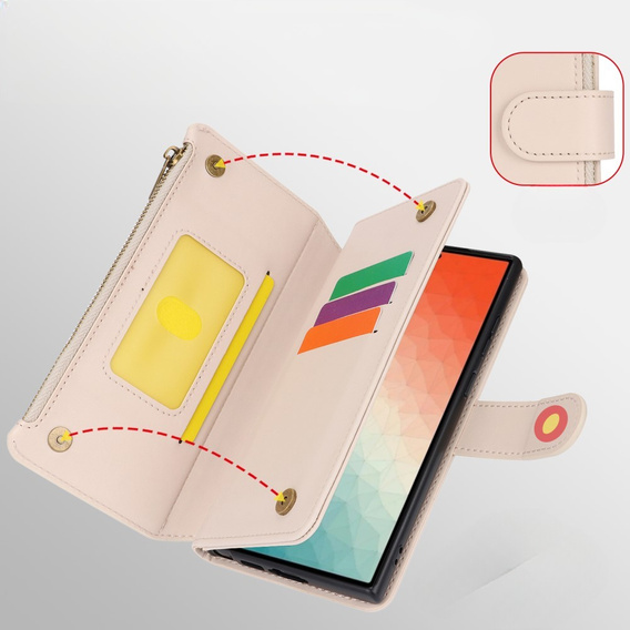 Etui z klapką do Samsung Galaxy S24 Ultra, Wallet Zipper Pocket RFID, z paskiem na ramię, białe