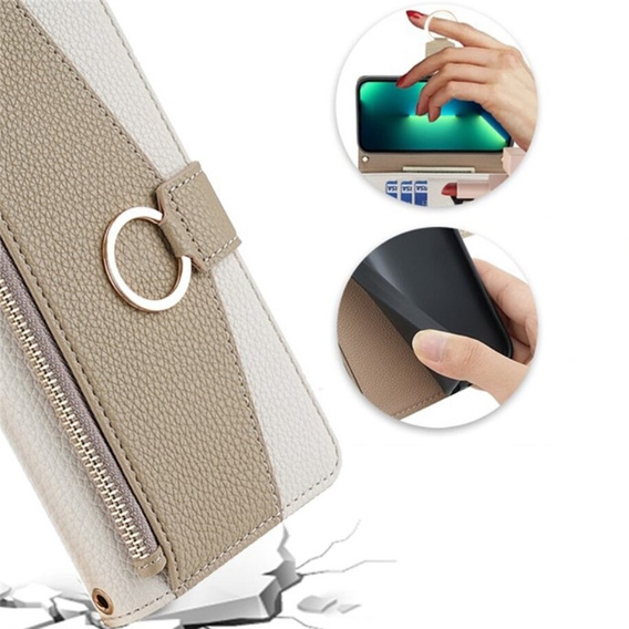 Etui z klapką do iPhone 13, Wallet Zipper Pocket, z lusterkiem, białe