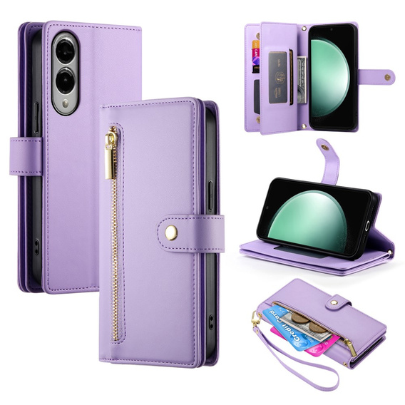 Etui z klapką do Samsung Galaxy S25 Edge, Wallet Zipper Pocket, fioletowe