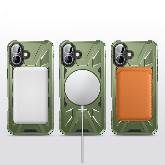 Etui do iPhone 16, pancerne z podstawką i MagSafe, zielone