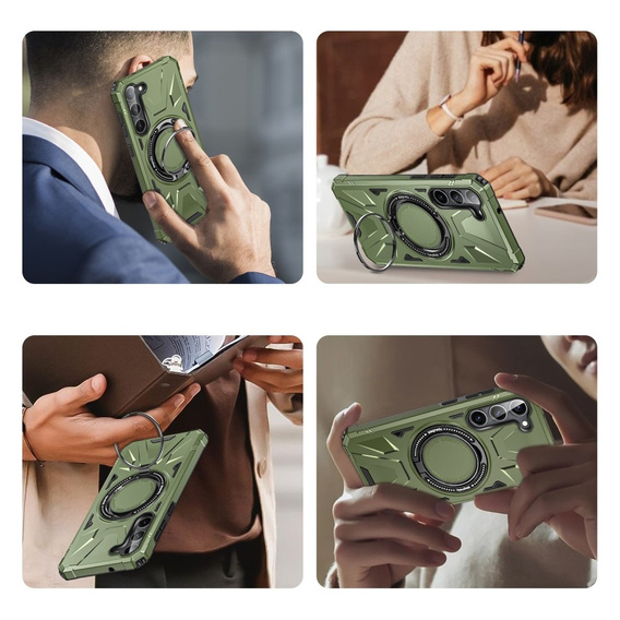 Etui do Samsung Galaxy S24, pancerne z podstawką i blaszką do uchwytu, zielone