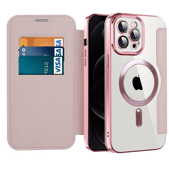 Etui z klapką do iPhone 12 Pro Max, RFID Wallet MagSafe z ochroną aparatu, różowe