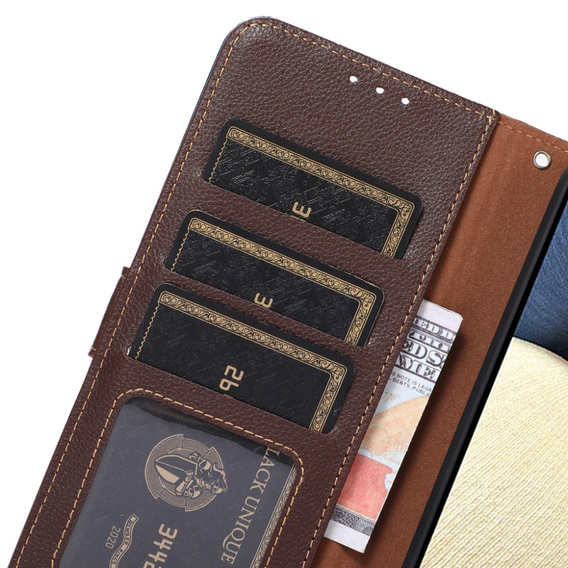 Etui z klapką do Xiaomi Redmi Note 13 Pro 4G / Xiaomi Redmi Note 14S / Xiaomi Poco M6 Pro 4G, KHAZNEH RFID, brązowe / niebieskie