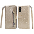 Etui z klapką do Samsung Galaxy A55, Wallet Zipper Pocket Glittery, złote