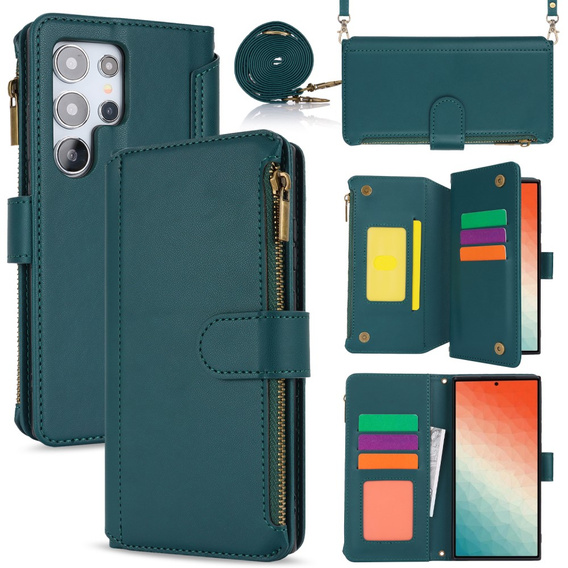 Etui z klapką do Samsung Galaxy S24 Ultra, Wallet Zipper Pocket RFID, z paskiem na ramię, zielone