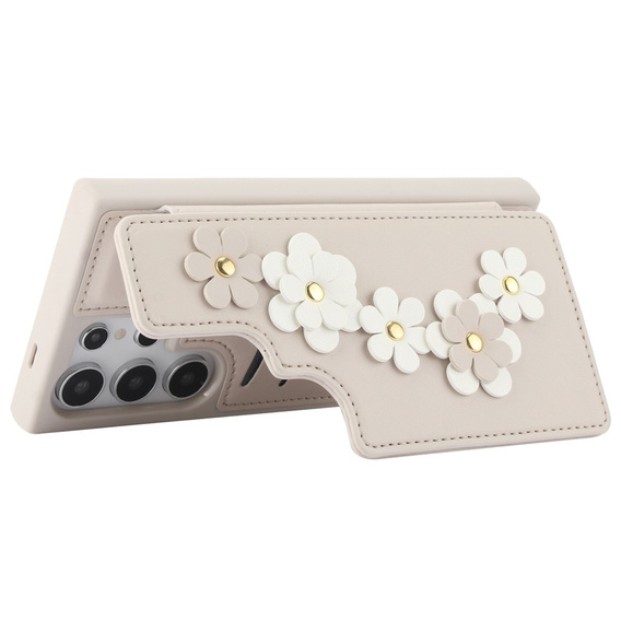 Etui do Samsung Galaxy S24 Ultra, Leather Flower Card Slot, beżowe