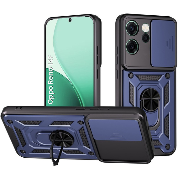 Etui pancerne do Oppo Reno 14F, z ochroną aparatu, z podstawką, niebieskie