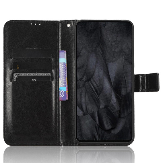 Etui z klapką do Google Pixel 8 Pro, Crazy Horse Wallet, czarne