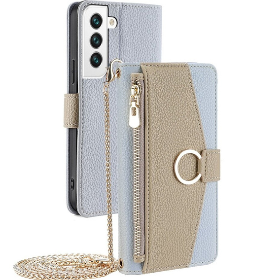 Etui z klapką do Samsung Galaxy S22, Wallet Zipper Pocket, z lusterkiem, niebieskie