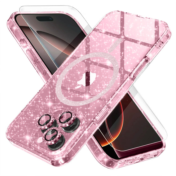 Etui do iPhone 16 Pro Max, ERBORD Glitter MagSafe, różowe + Szkło na ekran