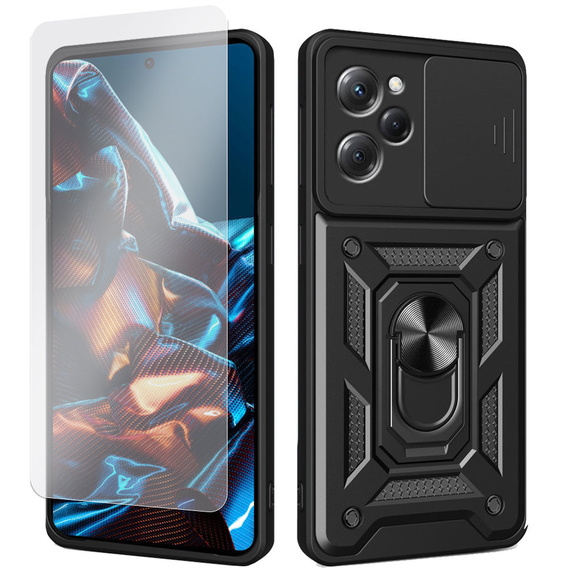 Zestaw Etui pancerne do Xiaomi Poco X5 Pro 5G, Nox Camera Slide, czarne + Szkło
