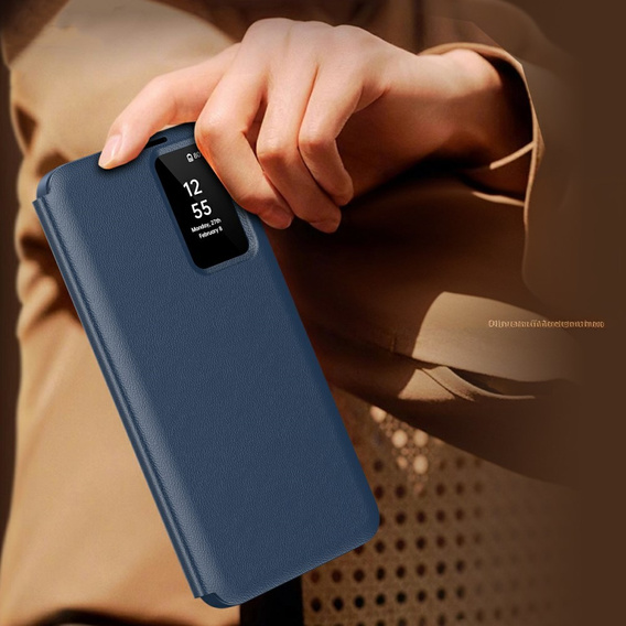Etui do Samsung Galaxy S25 Edge – skórzane z okienkiem Smart View i kieszenią na kartę, niebieskie